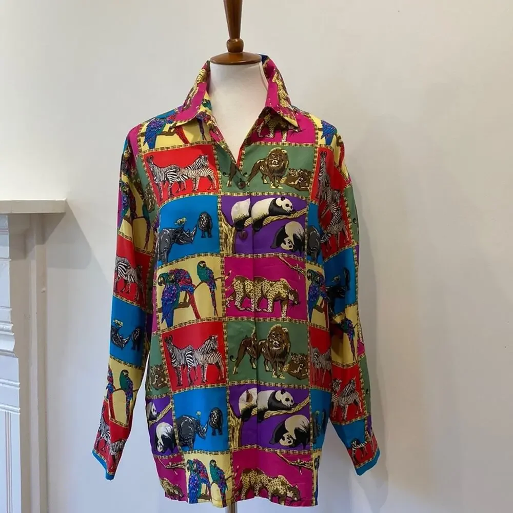 Vintage Womens Top Silk Medium Animal Lover Womens Button down 90s Shirt Medium - Picture 11 of 17